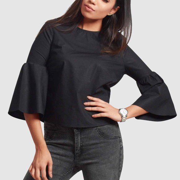 OLGYN Tops - OLGYN Women’s Three Quarter Flare Sleeve Black Top